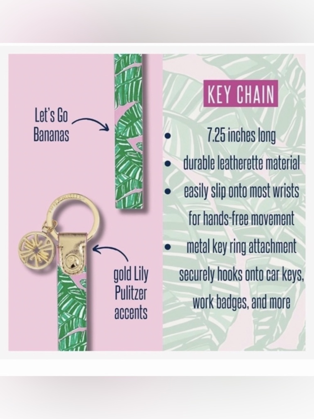 Lilly Pulitzer Palm-Print “Let’s Go Bananas” Wristlet Key Holder with Gold Charm - Picture 3 of 4